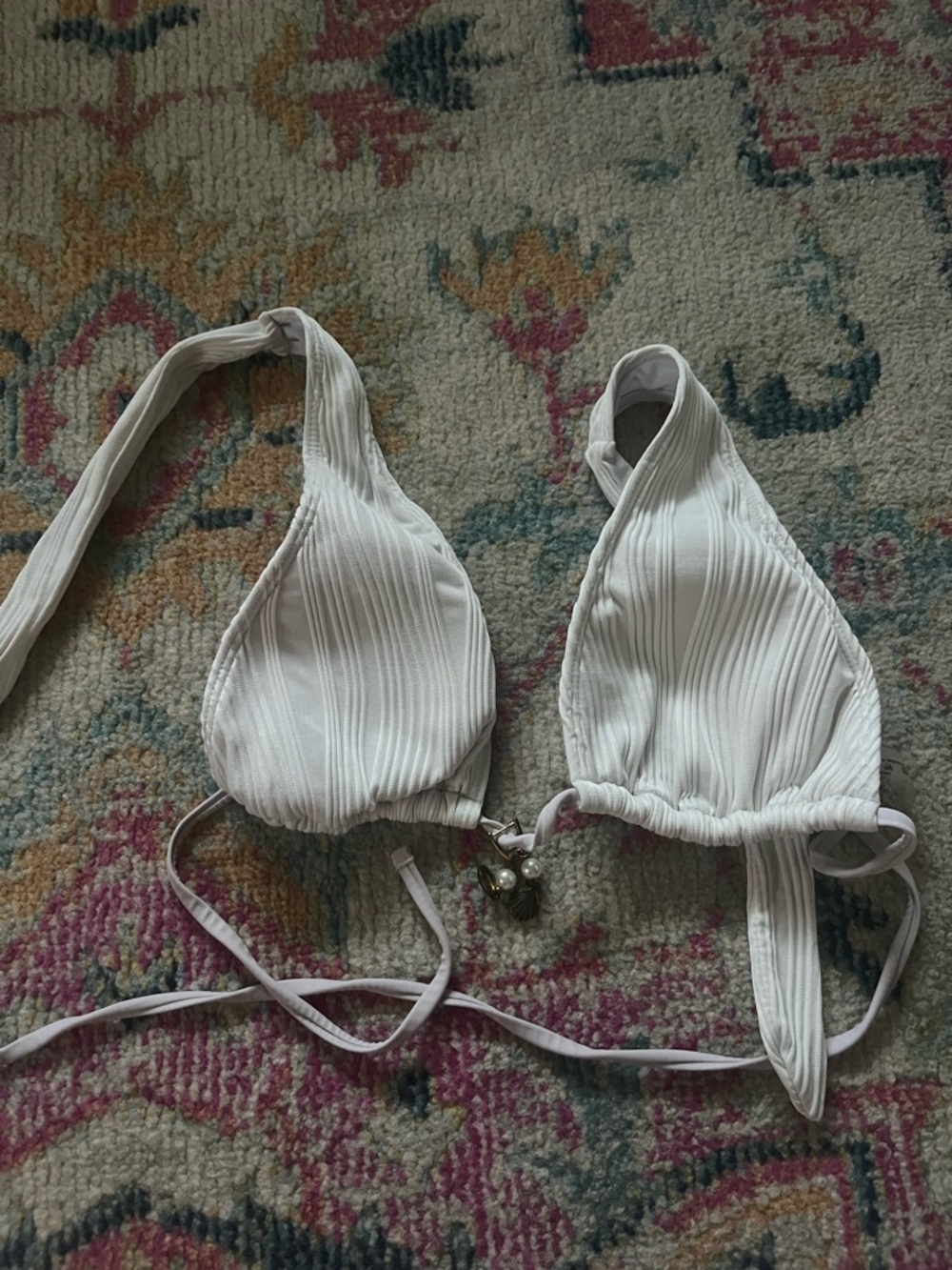 White Ribbed Triangle Bikini Top Adjustable with Charm